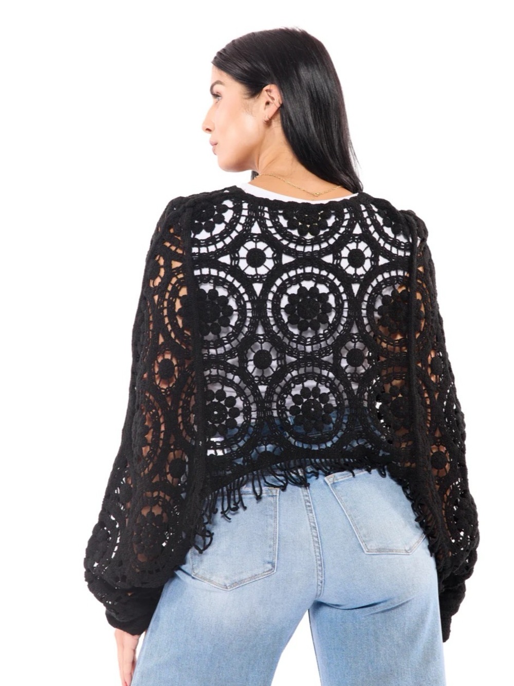Black Crochet Fringe Pullover Sweater- NWT - Picture 3 of 3